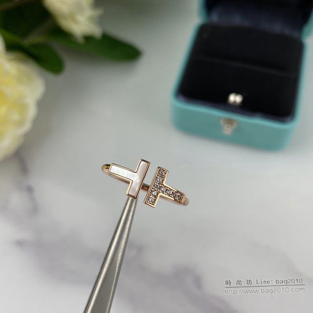 Tiffany飾品 蒂芙尼女士專櫃爆款T Square貝母雙t開口戒指 Tiffany白貝母藍松石V金戒指  zgt1619